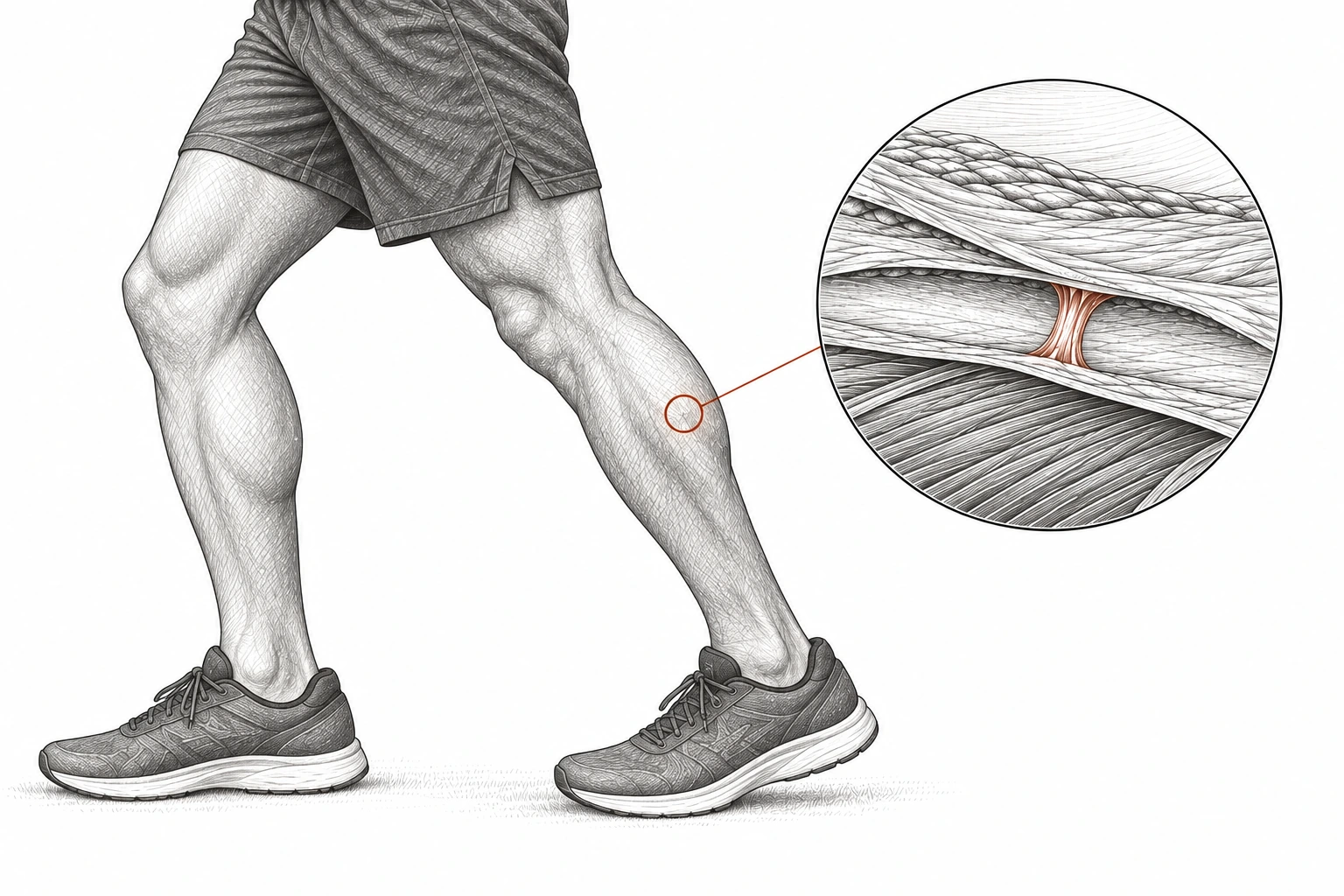 Close etched view of a runner’s calf in a short split stance. A rust outline and leader line connect the area to a circular diagram of intact fascia layers with a small rust-colored fibrous connection.