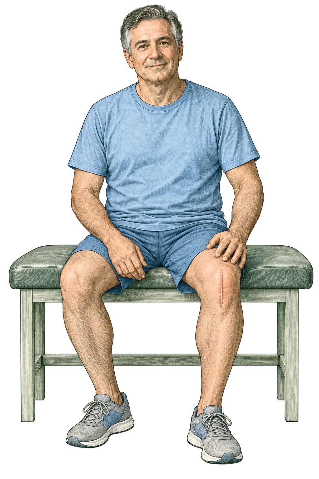 An adult seated on a treatment bench with a healed scar at one knee.