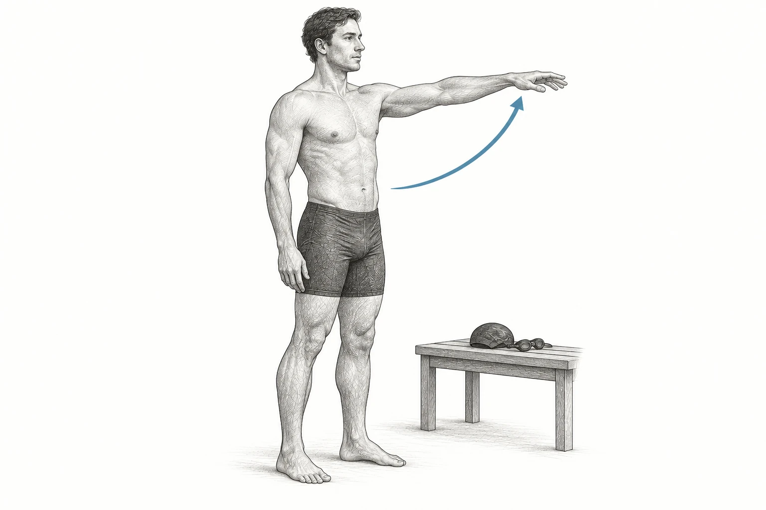 A swimmer on dry ground gently reaches one arm forward, with a cap and goggles on a bench nearby.