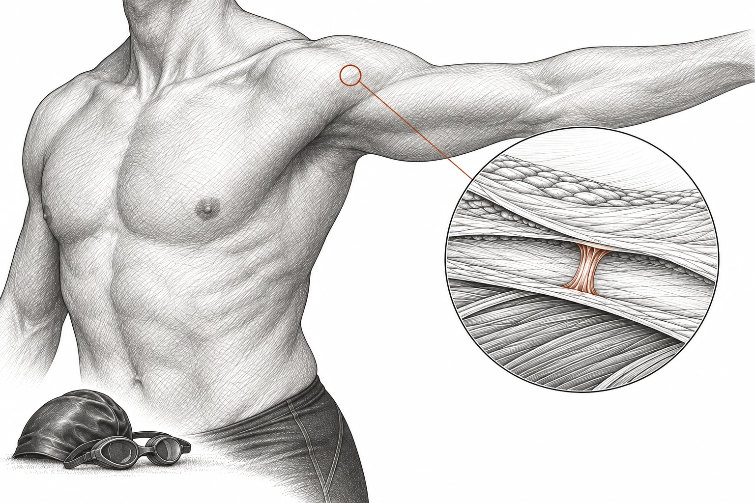 Close etched view of a swimmer’s shoulder during a gentle forward reach. A rust outline and leader line connect the area to a circular diagram of intact fascia layers with a small rust-colored fibrous connection.