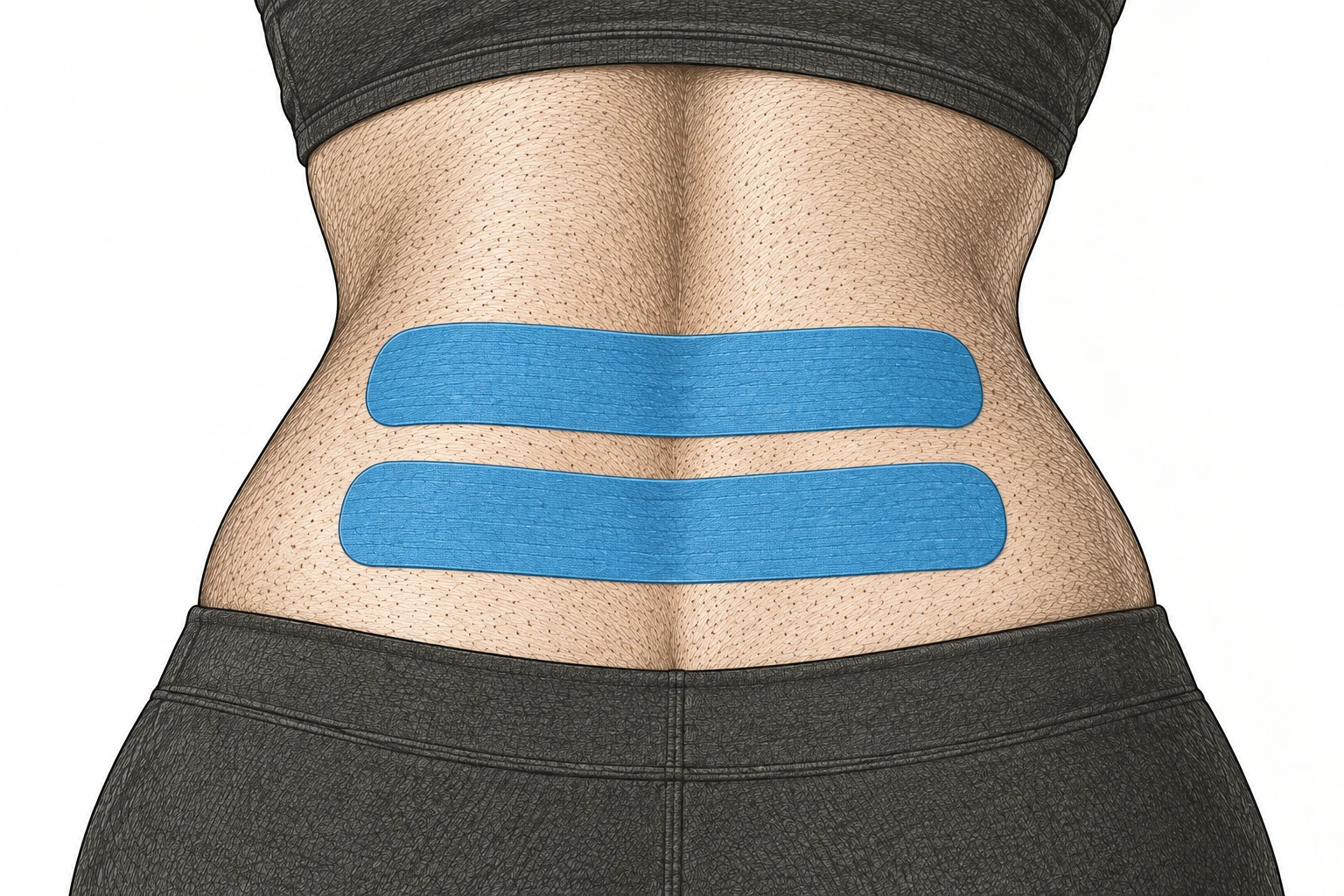 Etched view of a woman’s lower back above Pilates leggings, with two separate horizontal blue kinesiology tape strips.