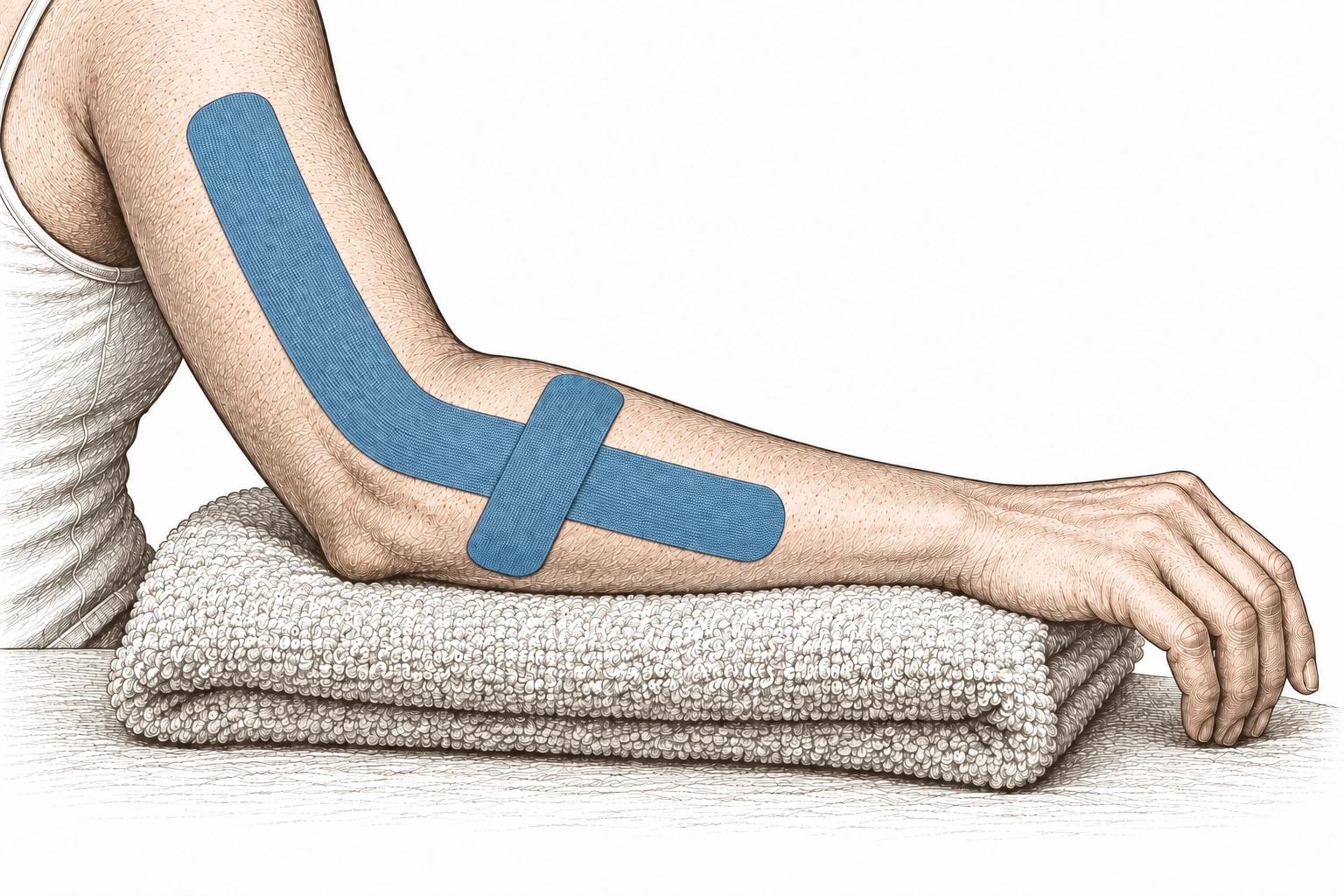 A relaxed arm rests on a towel with blue kinesiology tape around the elbow.