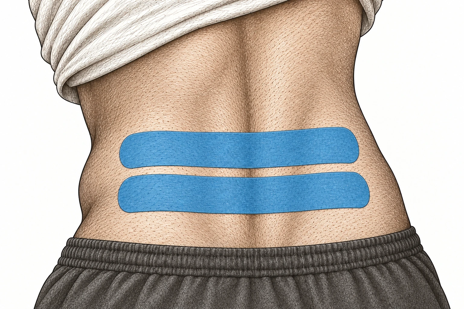 Etched view of a man’s lower back above athletic shorts, with two separate horizontal blue kinesiology tape strips.
