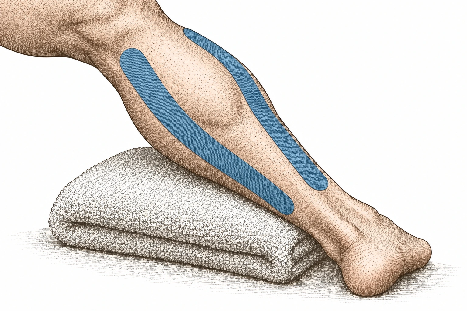Etched rear view of a man’s calf, with two separate blue tape strips along its sides from above the ankle to below the knee.