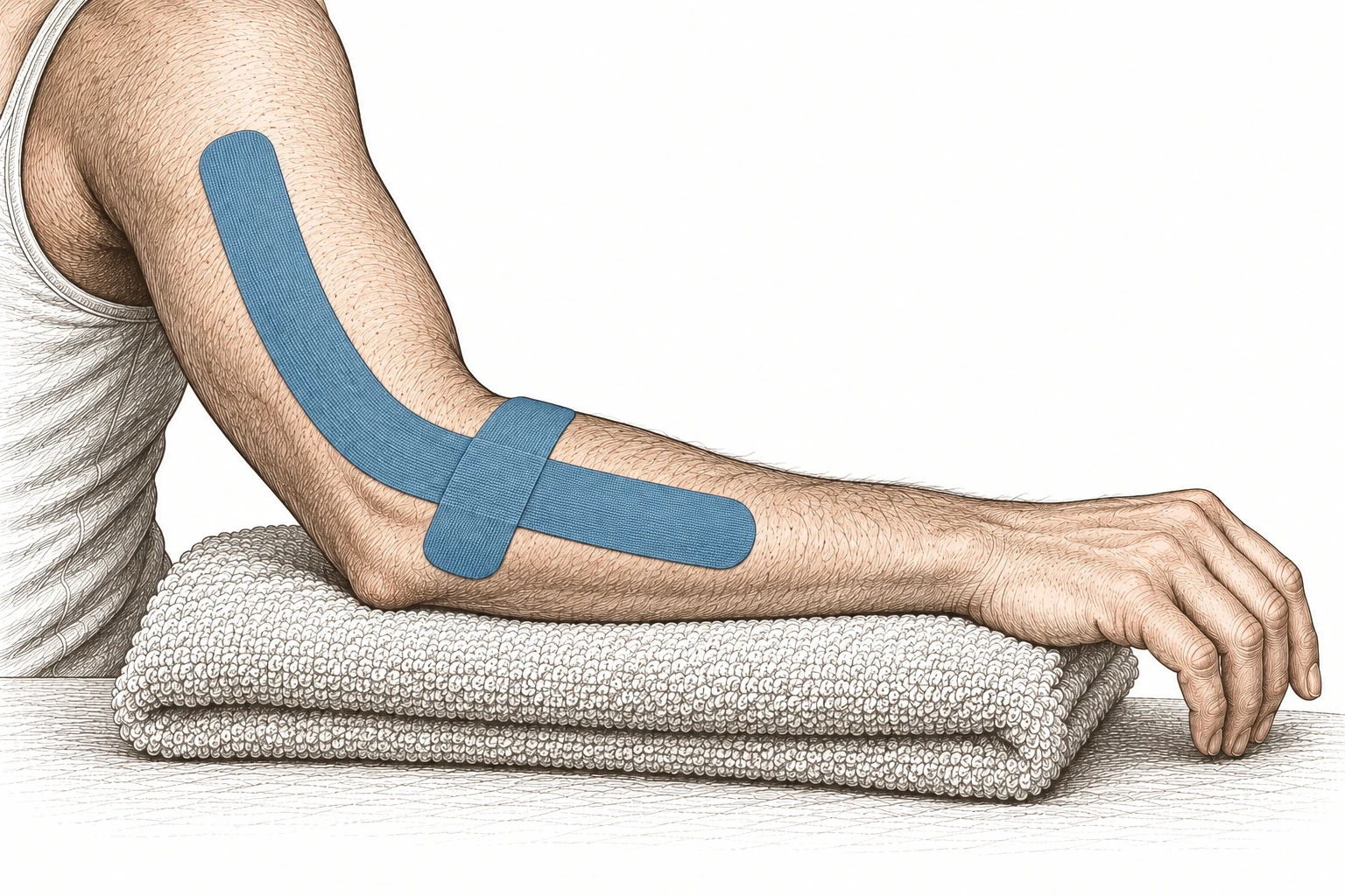 Etched view of a man’s bent elbow with a blue lengthwise tape strip across the outer elbow and a short strip crossing it just below the joint.
