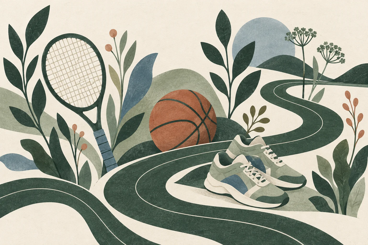Paper collage of a winding track, tennis racket, basketball, trainers, and plants.
