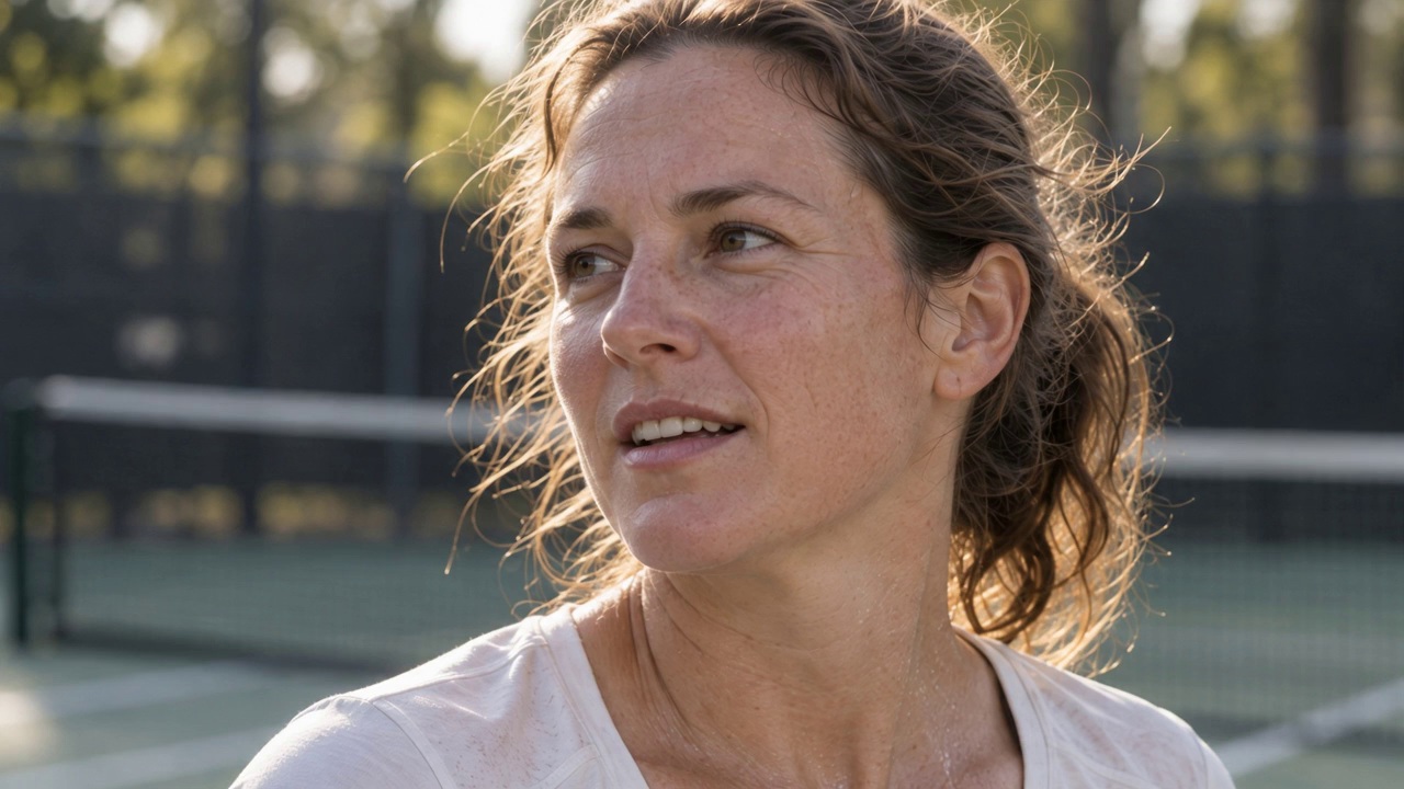 A tennis player pauses on court after a rally.