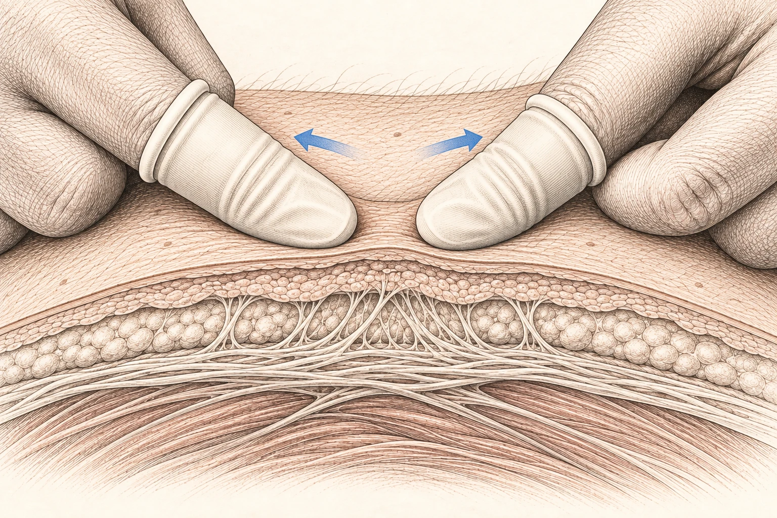 Close cot-covered thumb contacts above a cross-section of connected skin, subcutaneous tissue, fascia and muscle. Blue arrows show opposing contact directions.