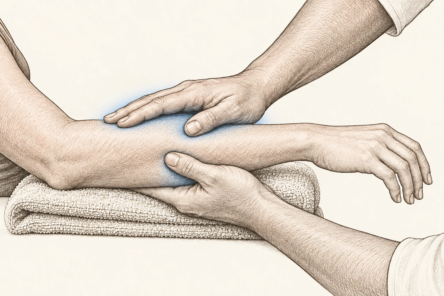 Concept illustration of focused massage to a supported forearm. Not a photograph of a client or a treatment result.