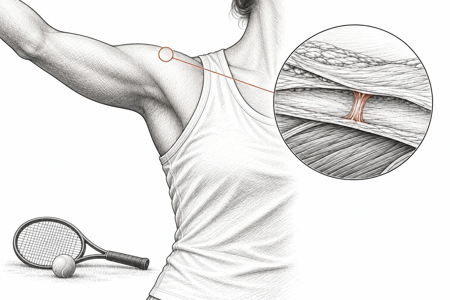 Close etched view of a woman’s shoulder during a gentle tennis reach. A rust outline and leader line connect the area to a circular diagram of intact fascia layers with a small rust-colored fibrous connection.