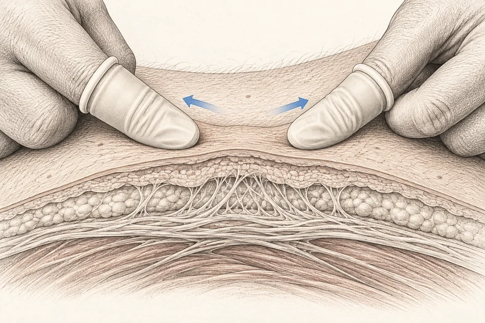Concept cutaway of gentle opposing skin contact and connected tissue layers.