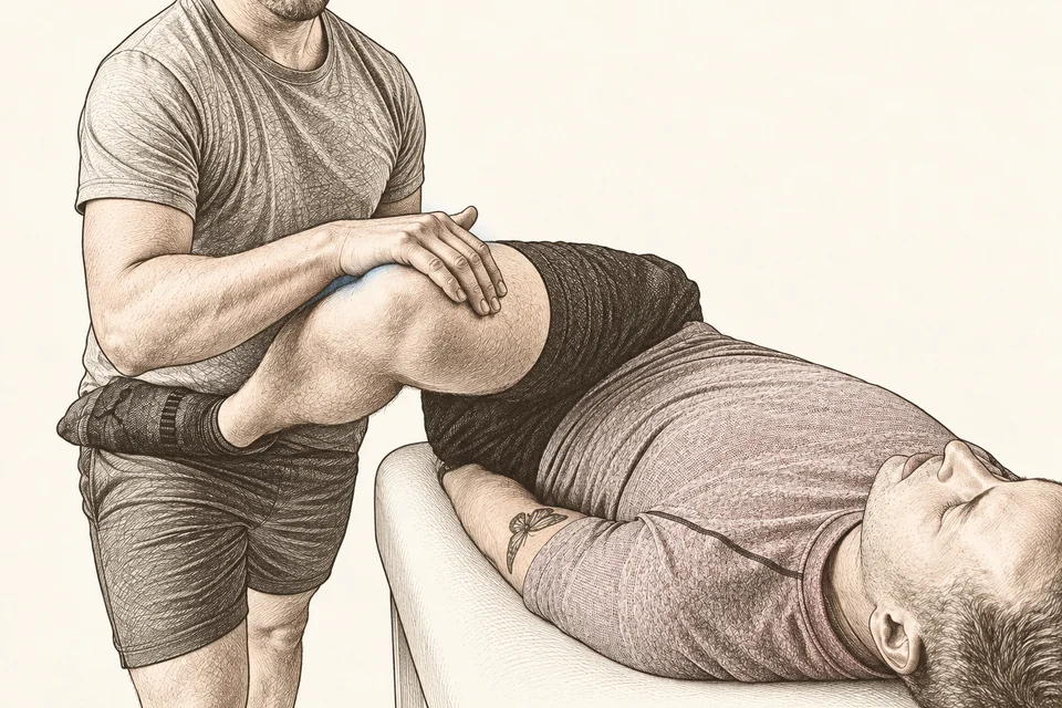 Concept illustration of a practitioner supporting a client's leg during assisted stretching.